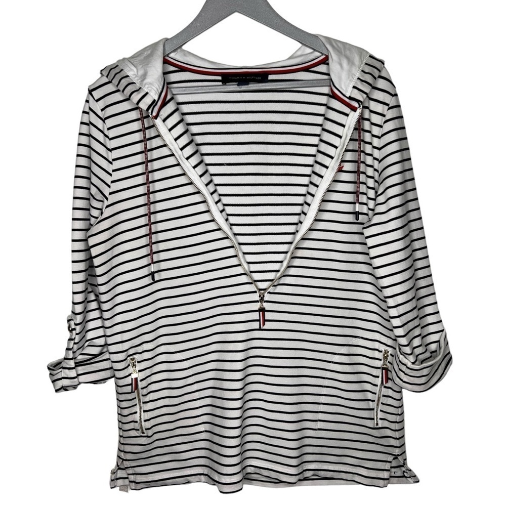 Tommy Hilfiger Women’s Patriotic Striped Long Roll Tab Sleeve 1/4 Zip Hoodie Med - Picture 10 of 14